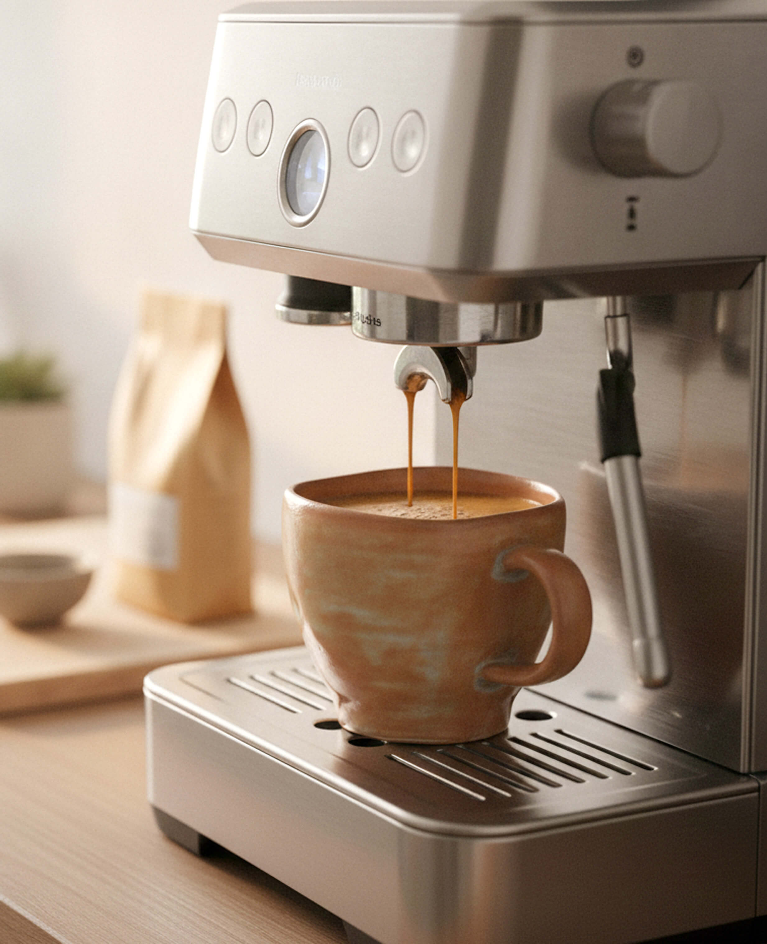amber veil handmade ceramic pottery coffee cup with warm earthy glaze and organic shape under coffee machine
