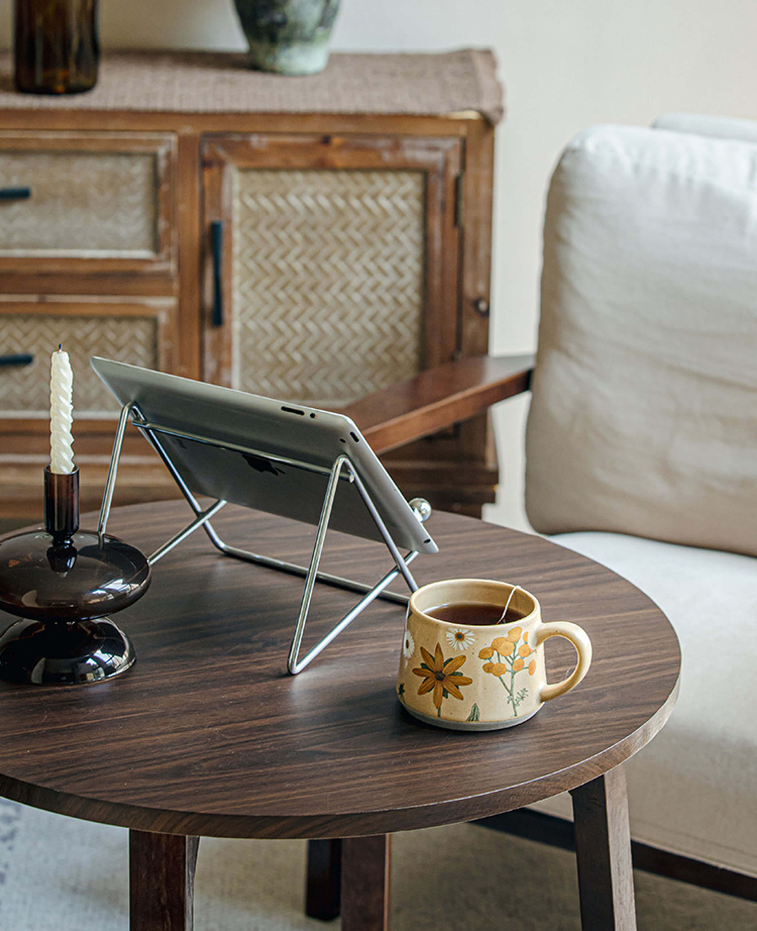 june whisper ceramic coffee and tea mug with summer flower motif on dark wood table cozy morning setup