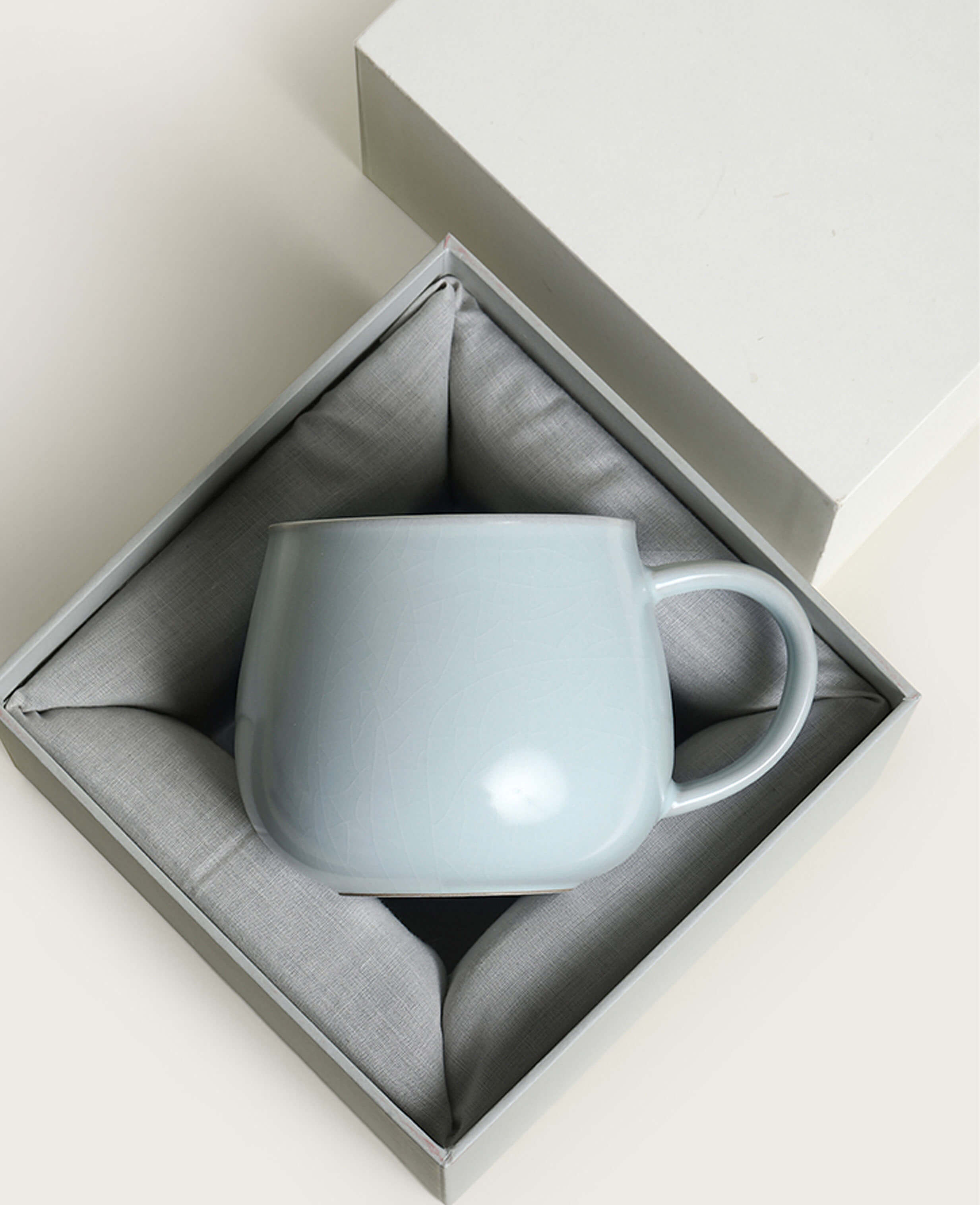 ru ware inspired porcelain coffee mug luna gleam in gift box with soft celadon glaze