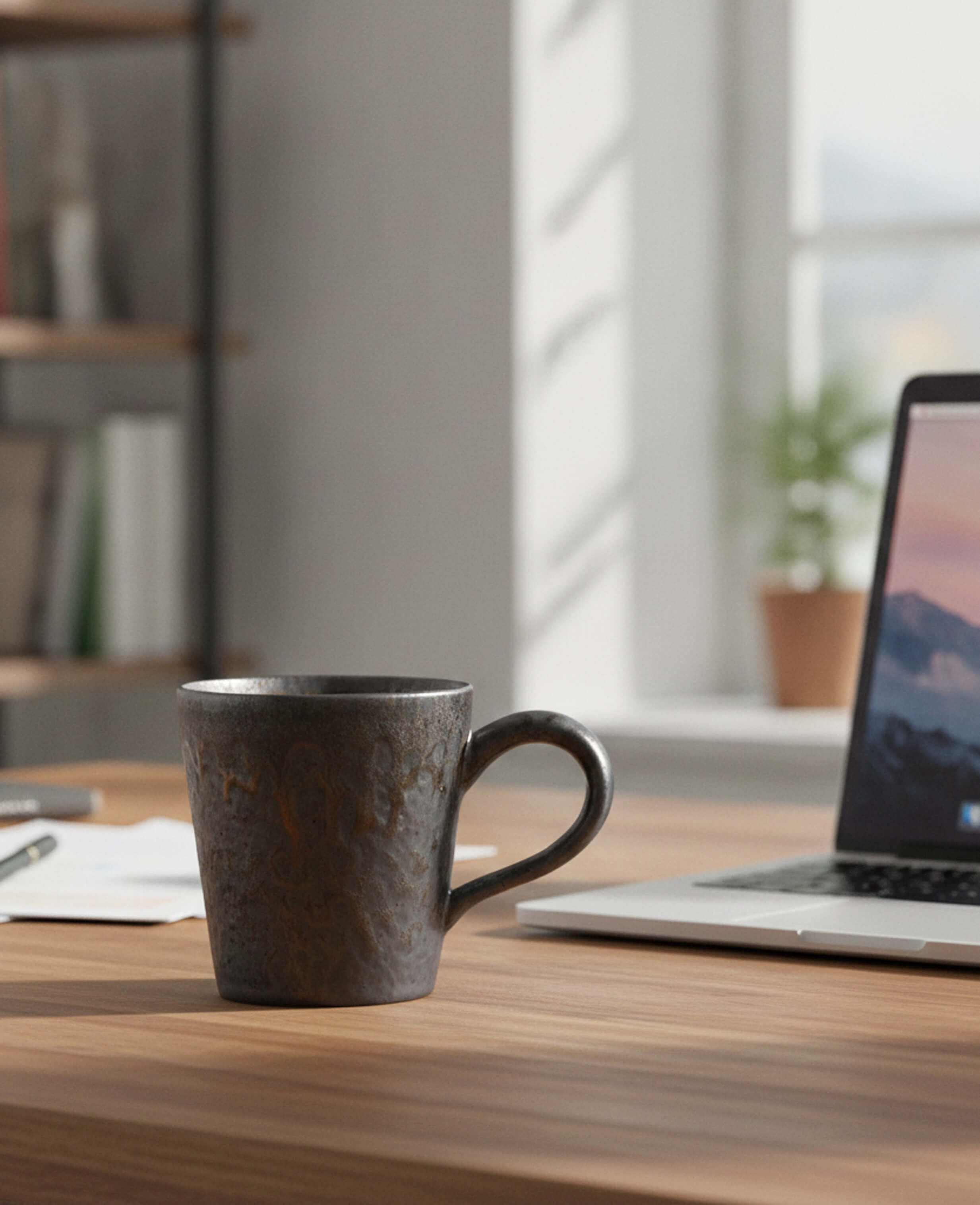 handcrafted ceramic coffee mug rustglow cove on a desk beside laptop