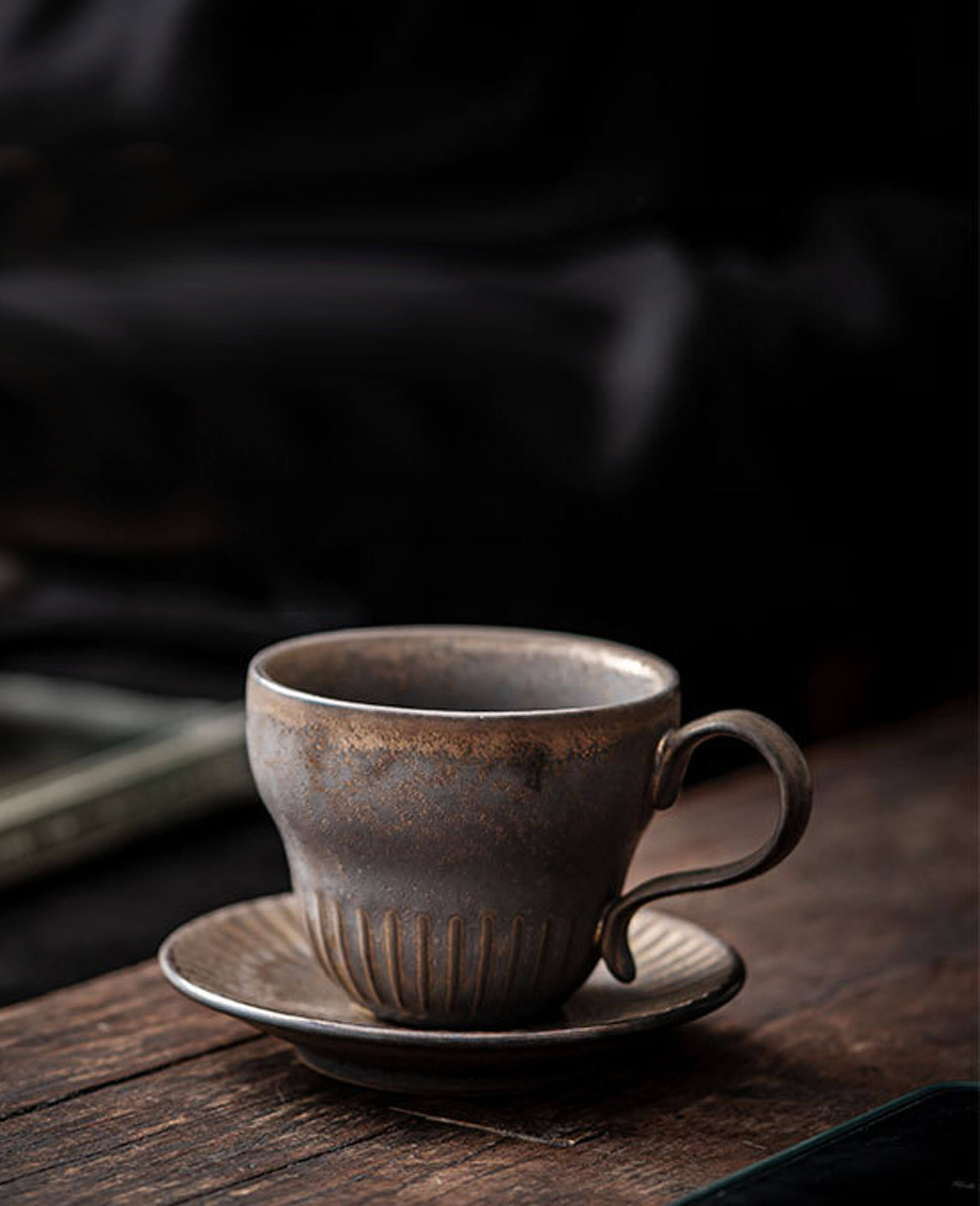 rustglow crest coffee cup on rustic wooden surface with warm lighting