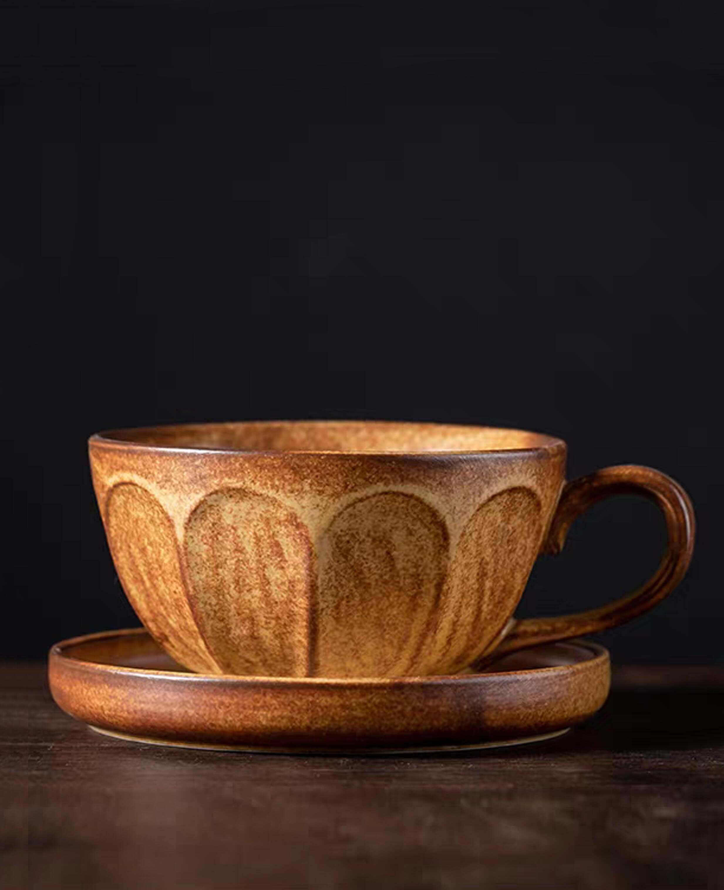 toffee reverie bellara handcrafted stoneware coffee cup and saucer front view for serving