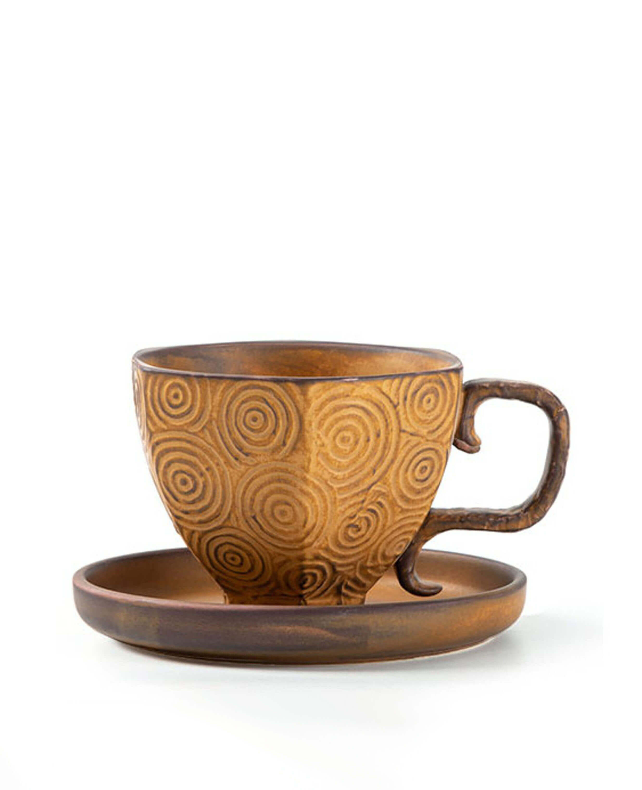 toffee reverie mirage ceramic coffee cup on saucer front view