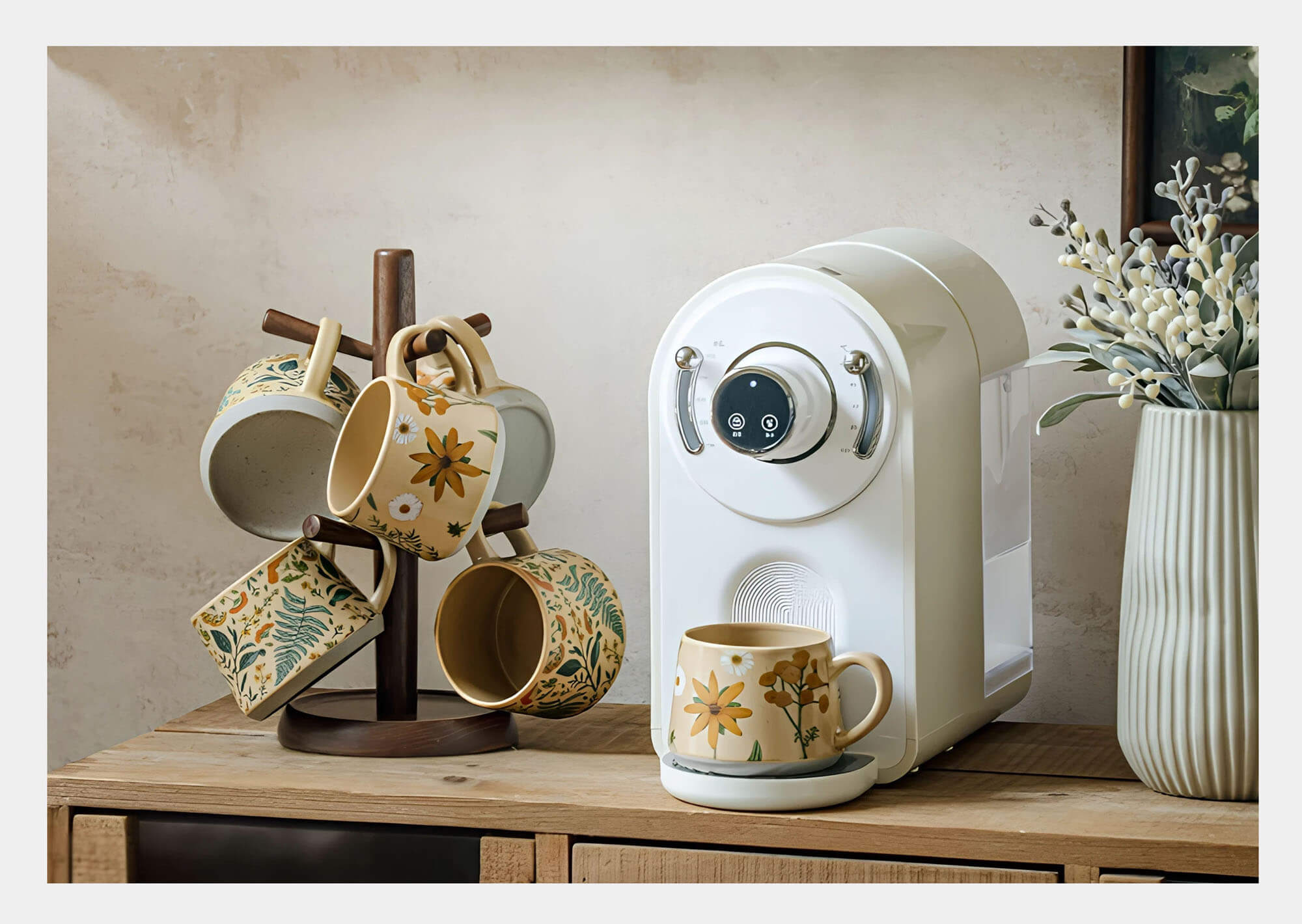 ts and cs gift card image featuring June Whisper ceramic coffee mugs displayed beside espresso machine and floral arrangement