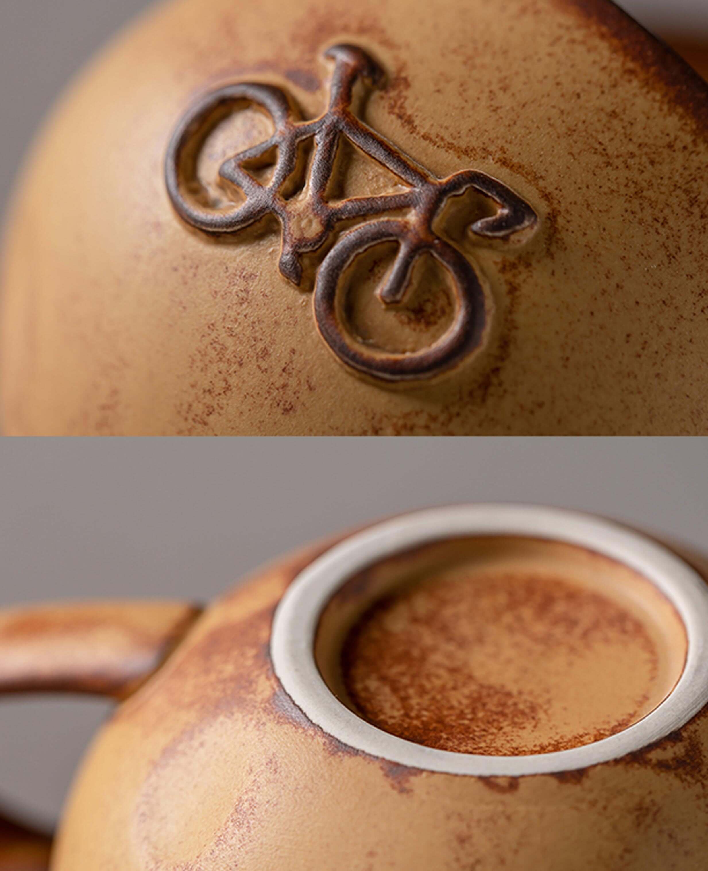 embossed bicycle detail and base close up of pedalstone handcrafted coffee mug