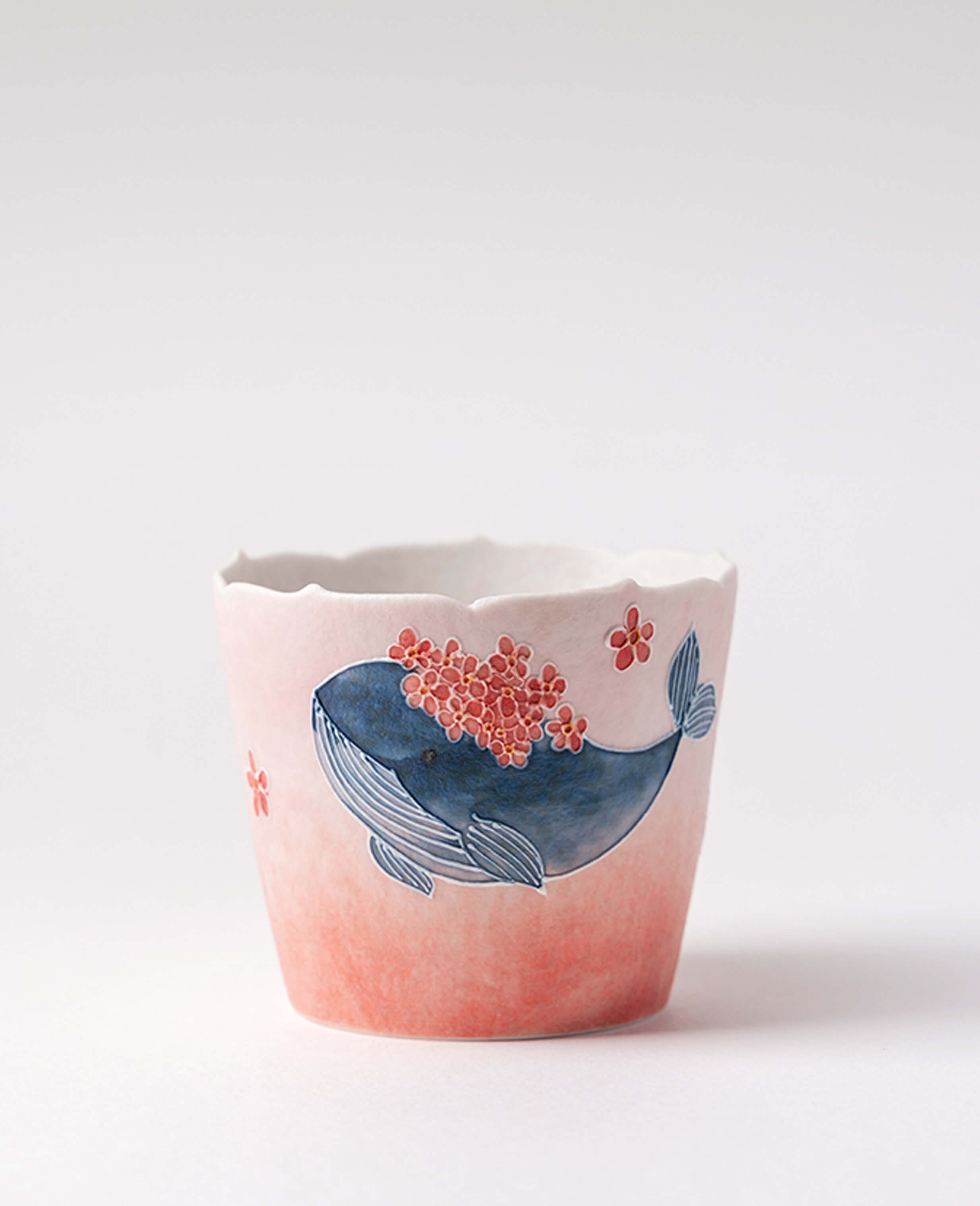 dream tide hand painted ceramic coffee tea cup blue whale red pink gradient front view