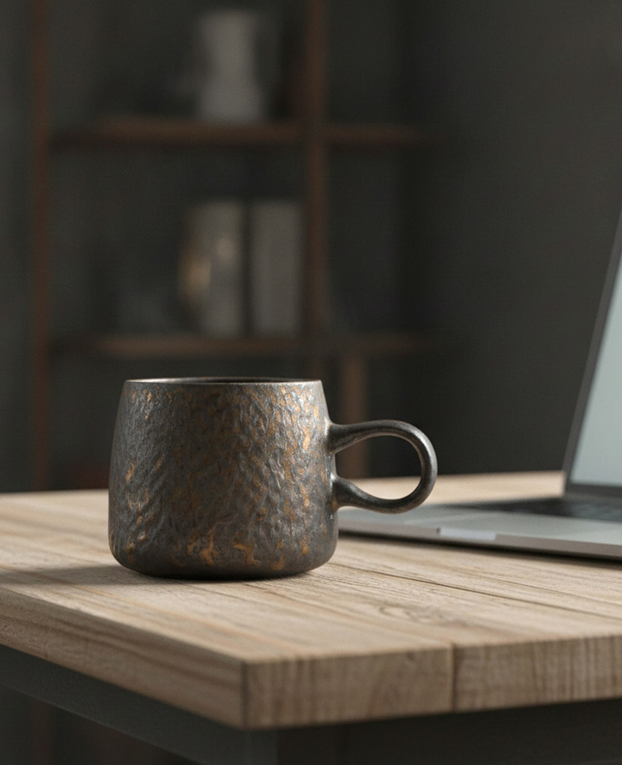 rustglow lumen ceramic coffee mug with rustic vintage finish on a wooden desk beside laptop