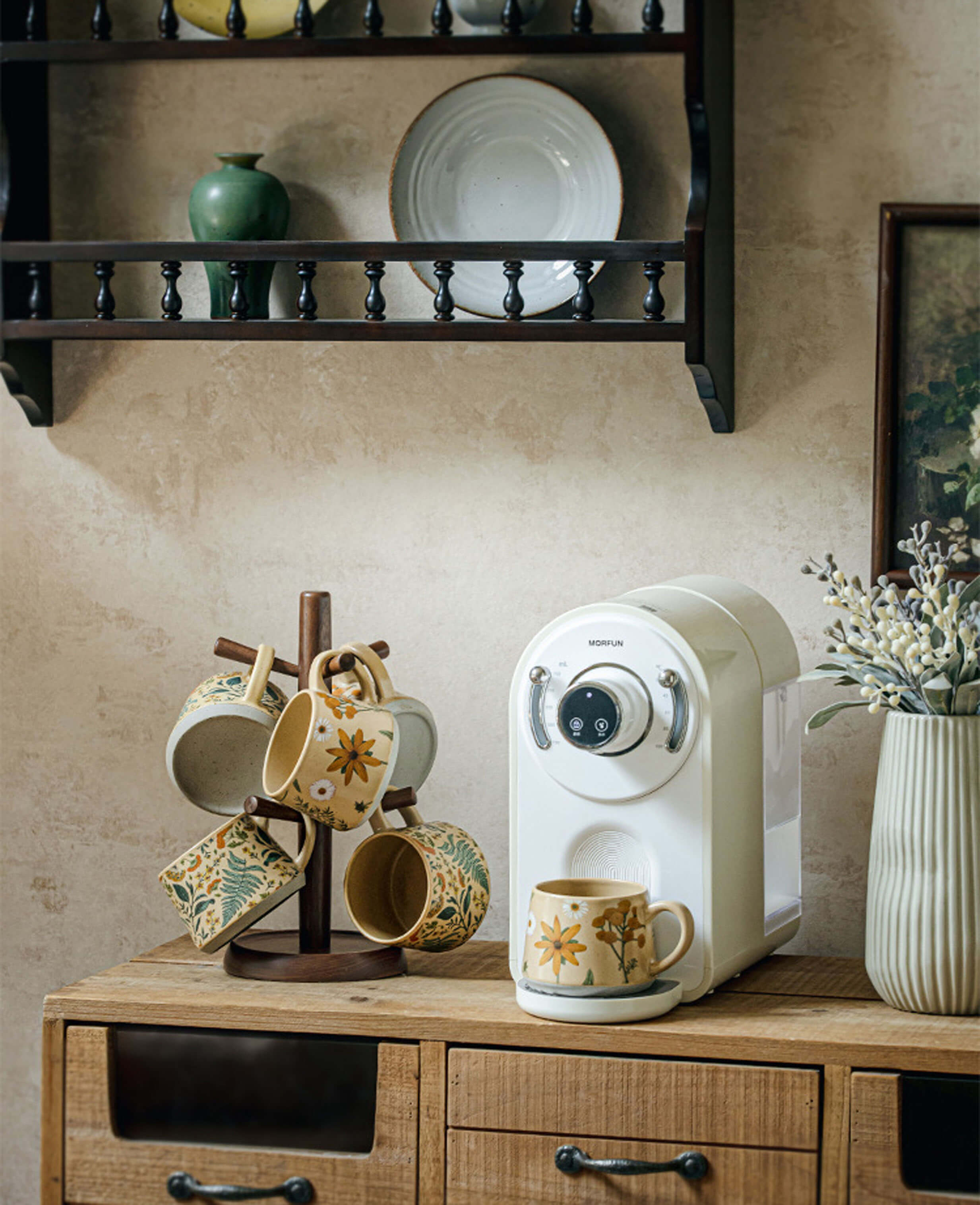 june whisper handcrafted stoneware yellow bloom coffee mug at vintage brewing station botanical kitchen styling