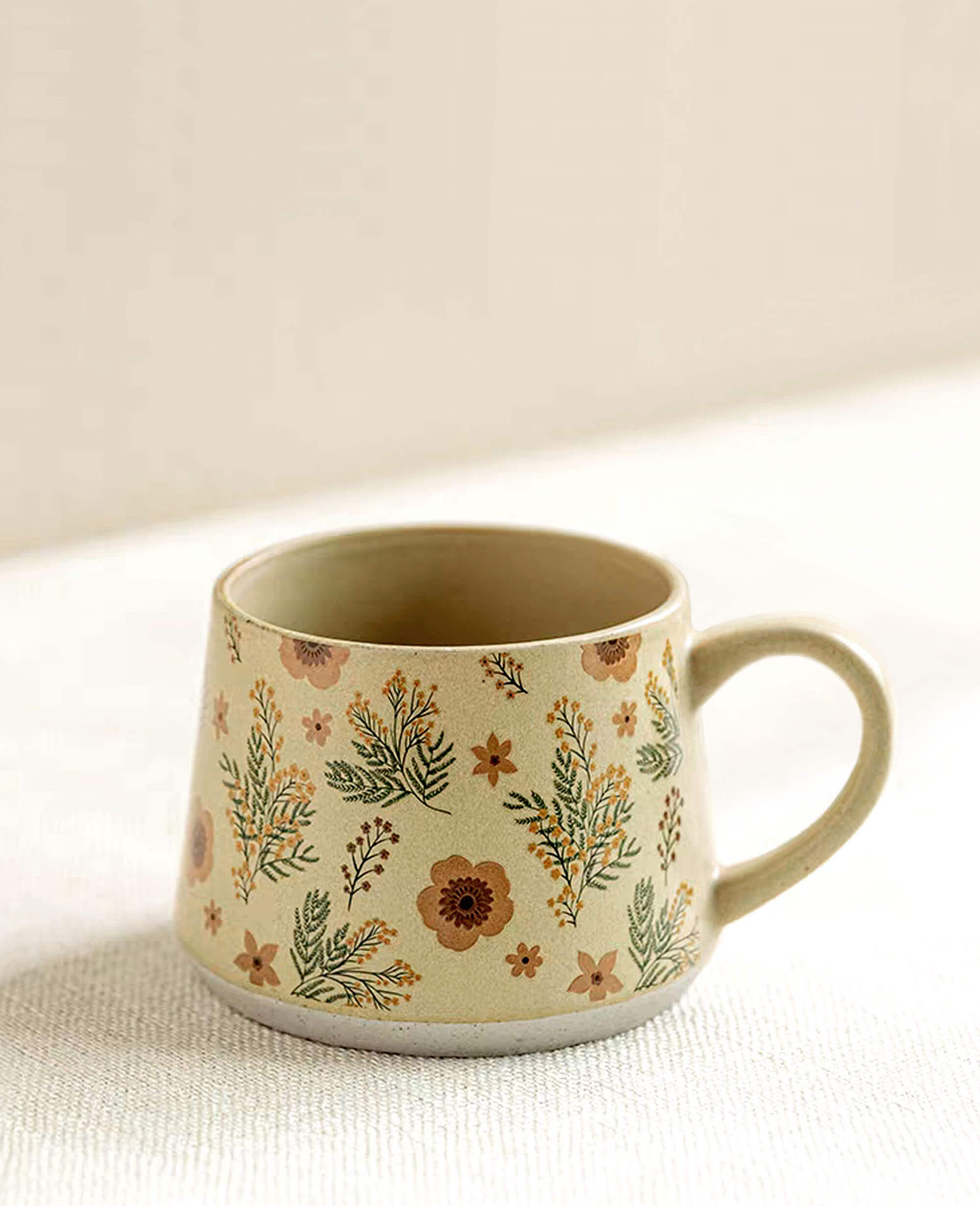 handcrafted floral stoneware coffee and tea mug side view artisan rustic vintage style